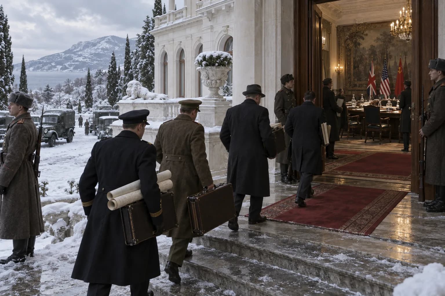 Aides and guards carry maps and document cases into Livadia Palace during the snowy Yalta Conference.