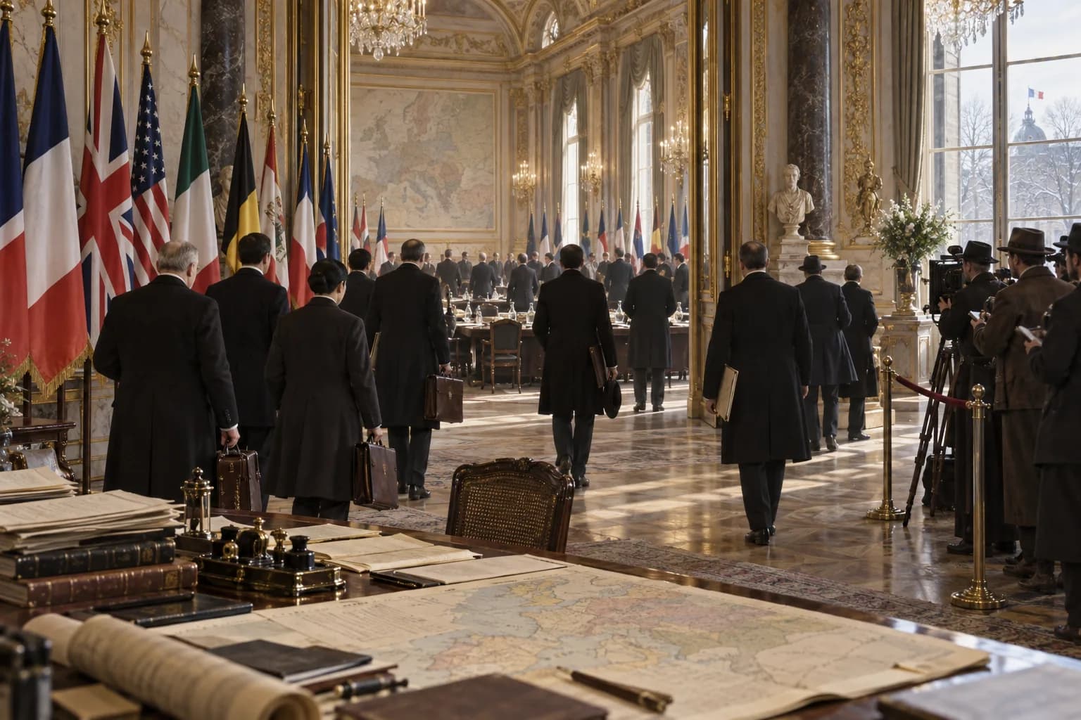 Diplomats and press enter a grand Paris conference hall with maps and document cases as the 1919 peace talks begin.
