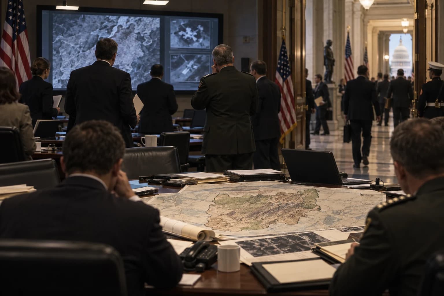 Officials and military officers review Afghanistan maps and security briefings in Washington after September 11.