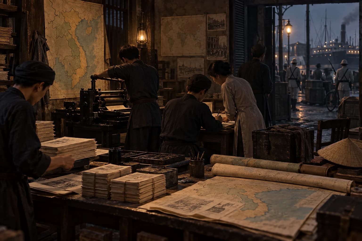 Vietnamese anticolonial organizers work around a printing press, maps, and pamphlet bundles while colonial police stand outside.