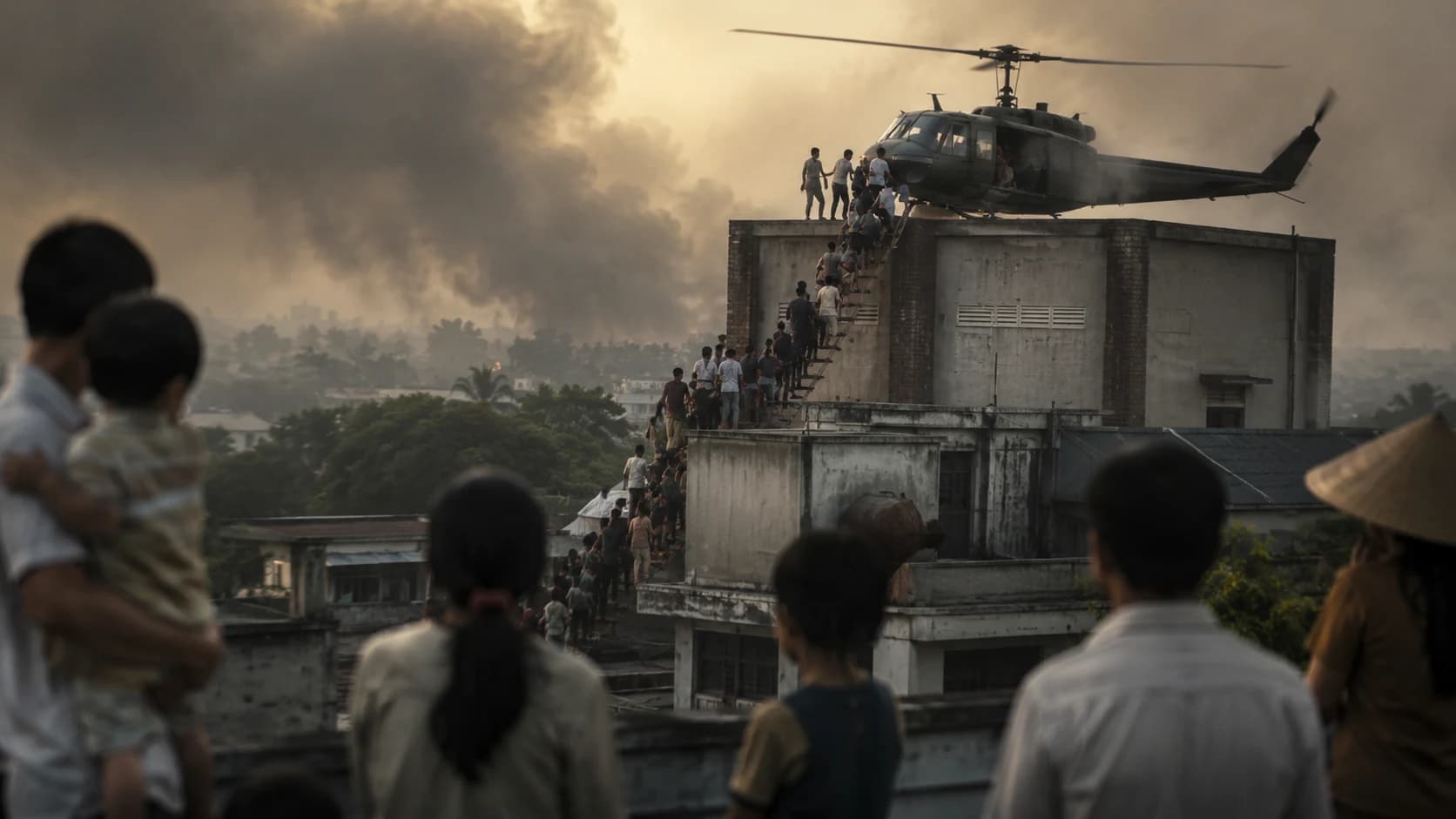 A helicopter evacuation from a Saigon rooftop as crowds wait below in smoky evening light.