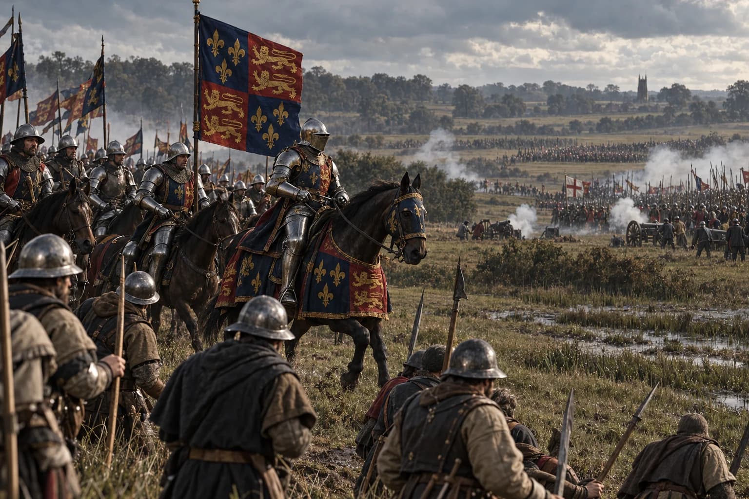 Illustrative reconstruction: Armoured cavalry assembling on the low fields of Leicestershire during the Bosworth campaign in 1485.